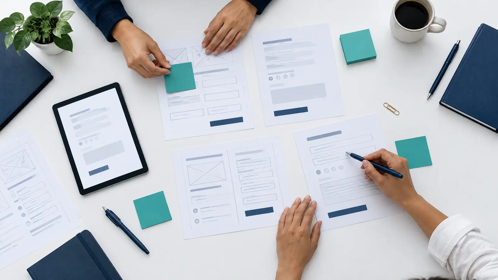 Vista cenital de dos investigadores ordenando bocetos de formularios y notas adhesivas sobre una mesa